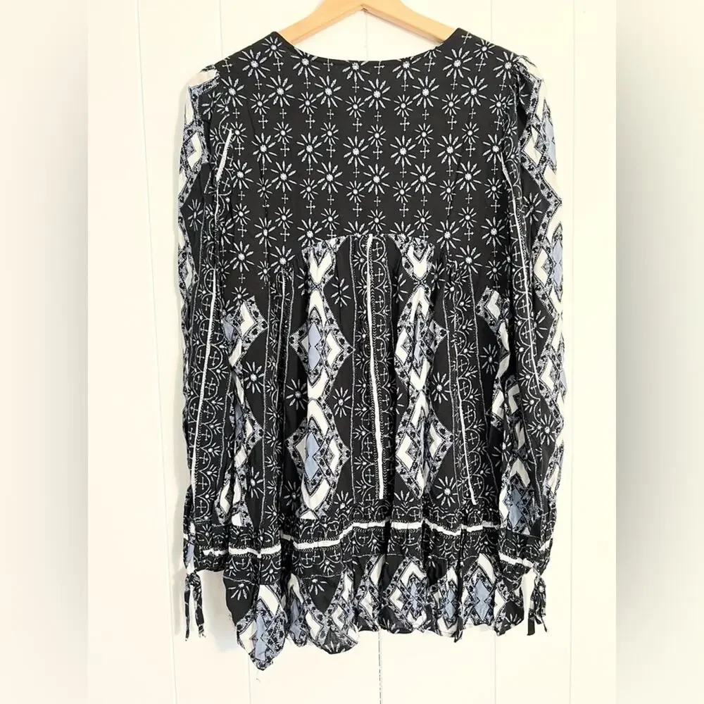 Free people down by the bay black tunic top printed boho coastal cowgirl